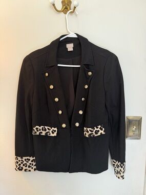 Chico's Black Blazer with Leopard Trim and Gold Buttons